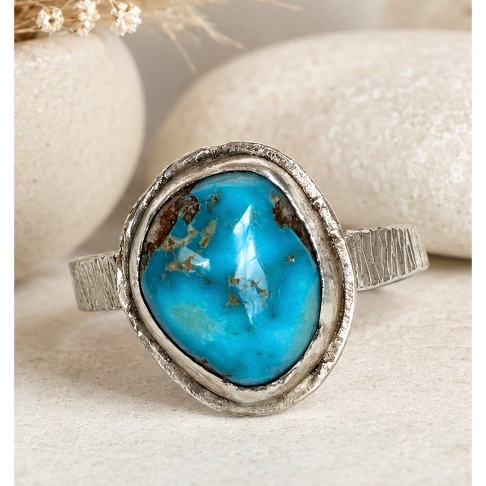 Native Style Turquoise Sterling Silver Ring Size Vivid Blue Southwestern 7.25